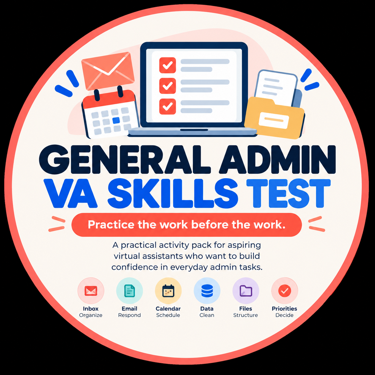 Product graphic for General Admin VA Skill showing a laptop checklist with email, calendar, data, files, and priorities symbols