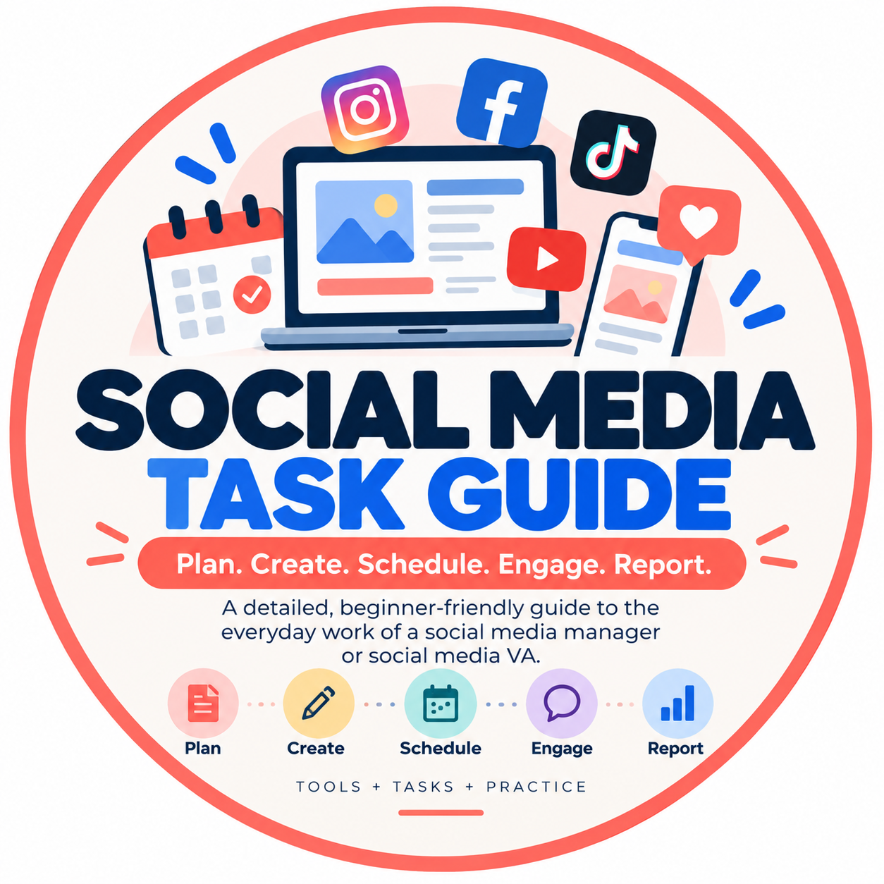 Product graphic for Social Media Manager Task Guide showing social media planning, creation, scheduling, engagement, and reporting