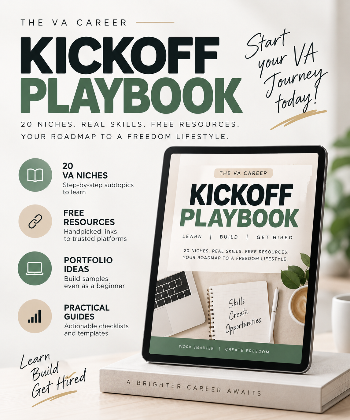 Product graphic for VA Career Kickoff Playbook showing a career roadmap with VA niches, free resources, portfolio ideas, and practical guides