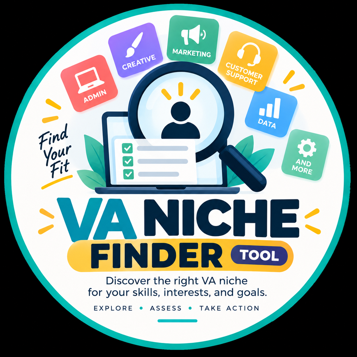 Product graphic for VA Niche Finder Tool showing a magnifying glass over a checklist with possible VA niche categories